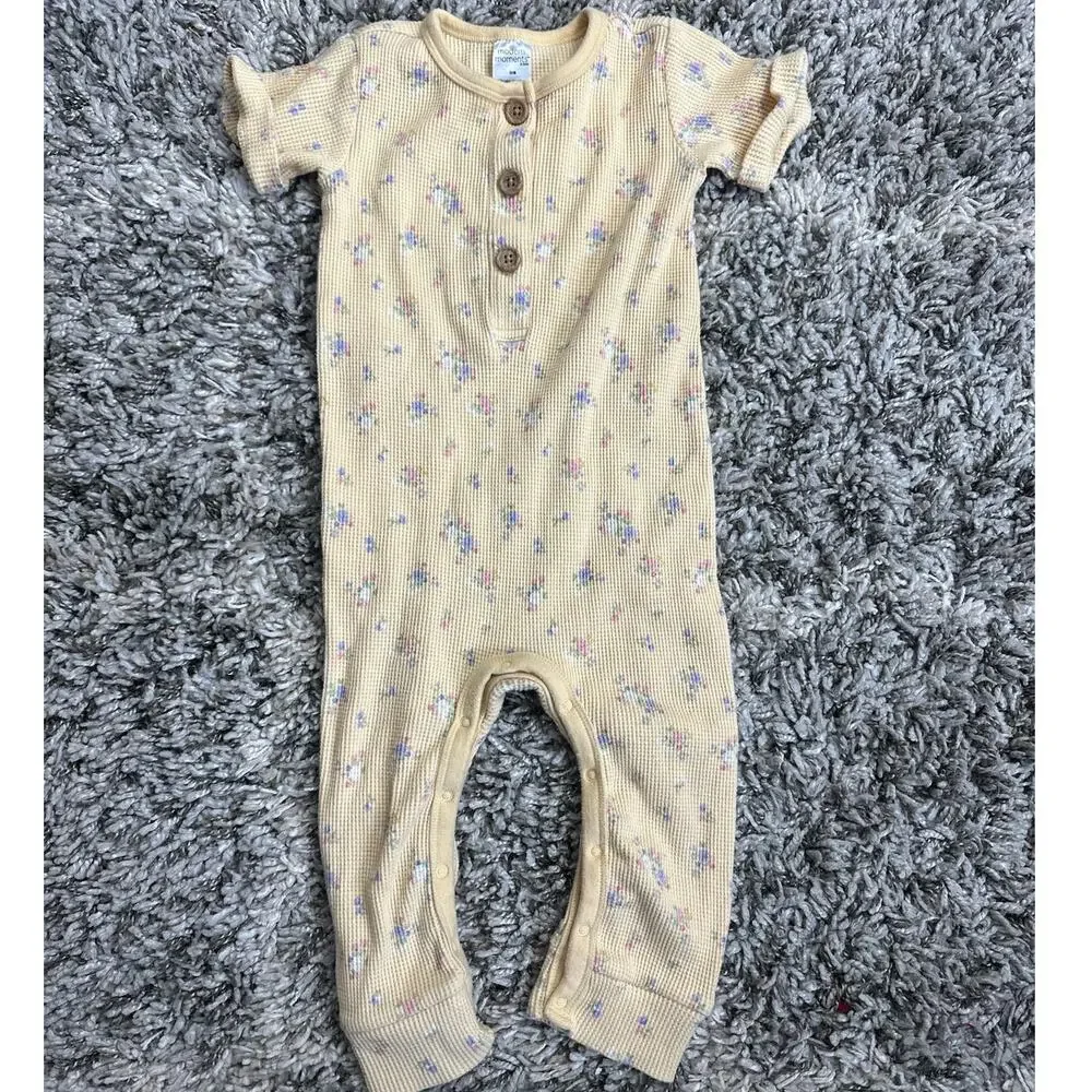 Modern Moments Yellow Floral Waffle Knit Jumpsuit Romper Buttons 24 Months
